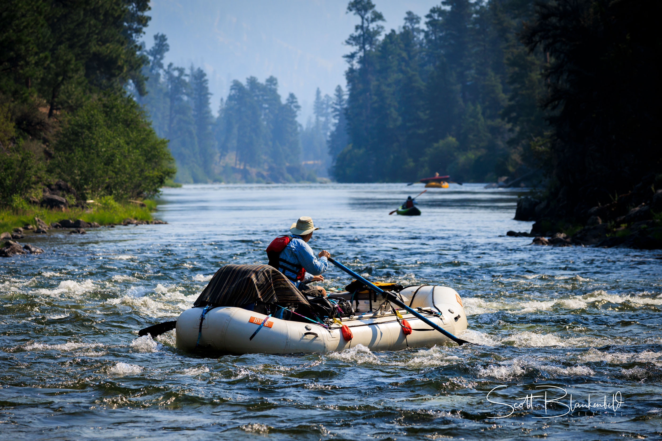 Morning light on The Middle Fork Salmon River in Idaho. Hyside raft rigged for a 7 day rafting adventure